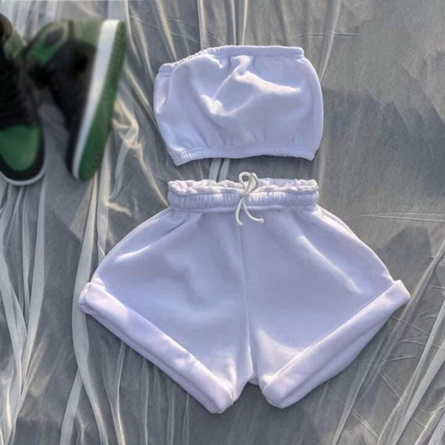 Casual Solid Sportswear Two Piece Sets Women 2021 Crop Top And Drawstring Shorts Matching Set Summer Athleisure Outfits