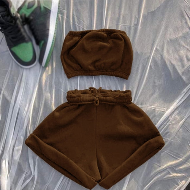 Casual Solid Sportswear Two Piece Sets Women 2021 Crop Top And Drawstring Shorts Matching Set Summer Athleisure Outfits