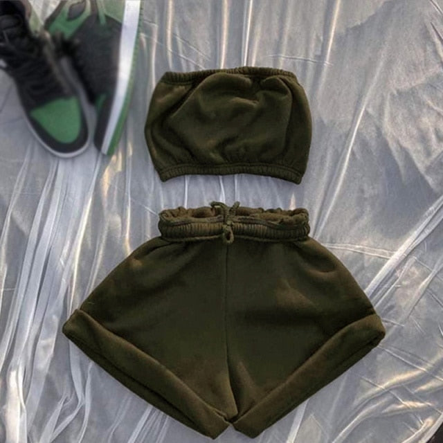Casual Solid Sportswear Two Piece Sets Women 2021 Crop Top And Drawstring Shorts Matching Set Summer Athleisure Outfits