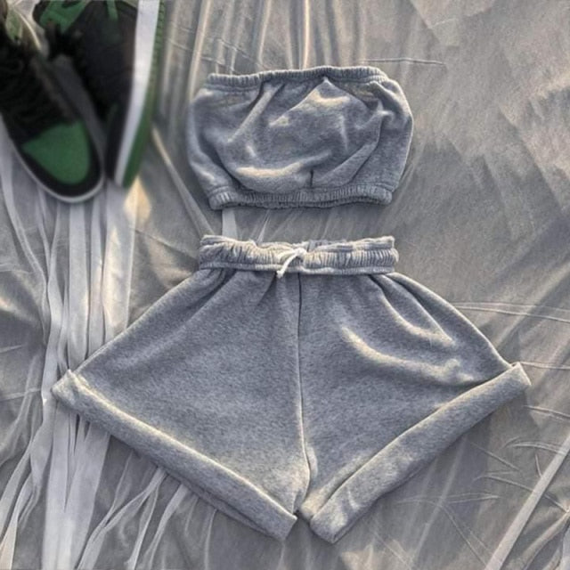 Casual Solid Sportswear Two Piece Sets Women 2021 Crop Top And Drawstring Shorts Matching Set Summer Athleisure Outfits