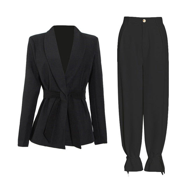 TWOTWINSTYLE Solid Color Korean Two Piece Set Women Blazer High Waist Belt Lace-up Straight Pants Suits Female 2021 Fashion New