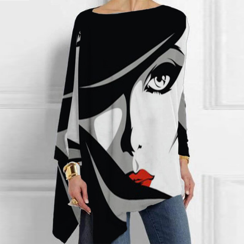 Women Fashion Tops Harajuku Shirt Aesthetic Clothes Ladies Long Sleeve Lrregular Shirts Graphic Tees Vintage Top Printed T-Shirt