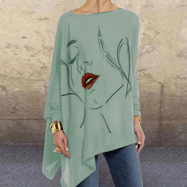 Women Fashion Tops Harajuku Shirt Aesthetic Clothes Ladies Long Sleeve Lrregular Shirts Graphic Tees Vintage Top Printed T-Shirt