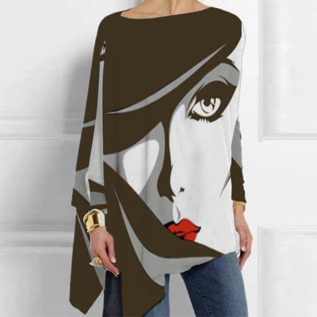 Women Fashion Tops Harajuku Shirt Aesthetic Clothes Ladies Long Sleeve Lrregular Shirts Graphic Tees Vintage Top Printed T-Shirt