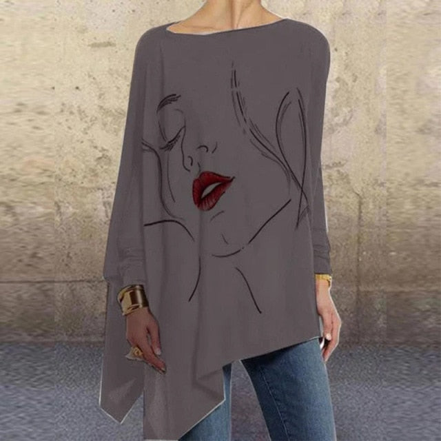 Women Fashion Tops Harajuku Shirt Aesthetic Clothes Ladies Long Sleeve Lrregular Shirts Graphic Tees Vintage Top Printed T-Shirt