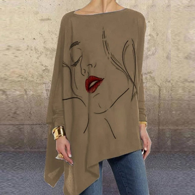 Women Fashion Tops Harajuku Shirt Aesthetic Clothes Ladies Long Sleeve Lrregular Shirts Graphic Tees Vintage Top Printed T-Shirt