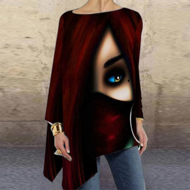 Women Fashion Tops Harajuku Shirt Aesthetic Clothes Ladies Long Sleeve Lrregular Shirts Graphic Tees Vintage Top Printed T-Shirt