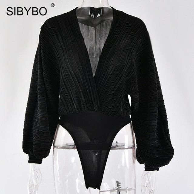 Sibybo Deep V-Neck Pleated Sexy Bodysuit Women Fashion Long Sleeve Loose Women Rompers Spring Casual Bodysuit Jumpsuit 2021 Tops