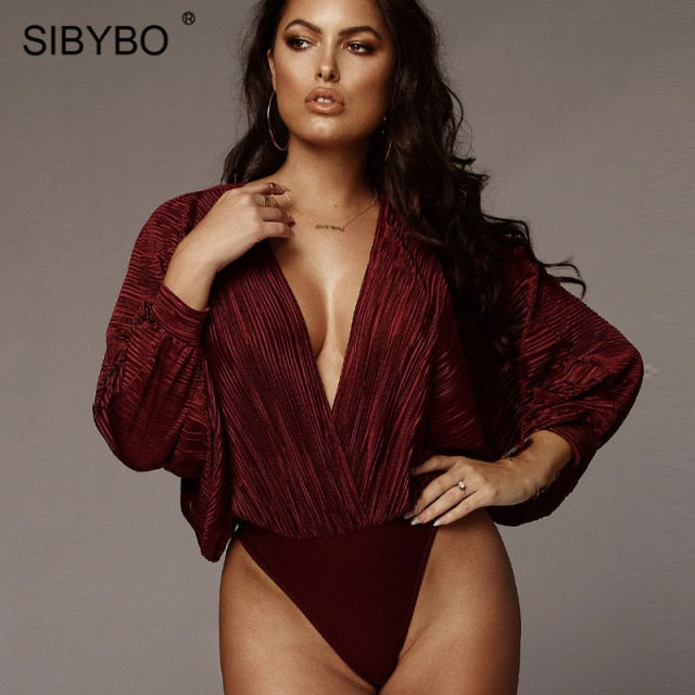 Sibybo Deep V-Neck Pleated Sexy Bodysuit Women Fashion Long Sleeve Loose Women Rompers Spring Casual Bodysuit Jumpsuit 2021 Tops