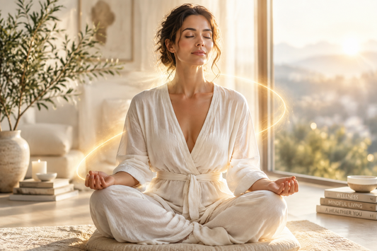 A woman in a peaceful meditative pose, representing the calm, mindful state hypnotherapy helps create