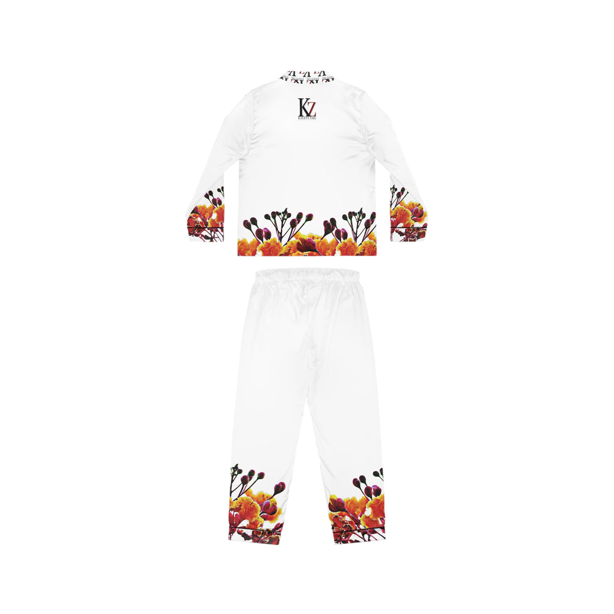 Floral Satin Pajama Set — Women's White Satin Sleepwear with Orange Blossom Print