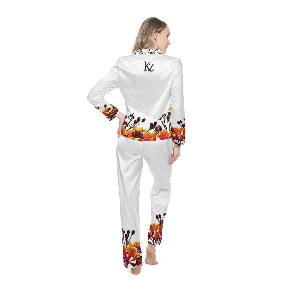 Floral Satin Pajama Set — Women's White Satin Sleepwear with Orange Blossom Print