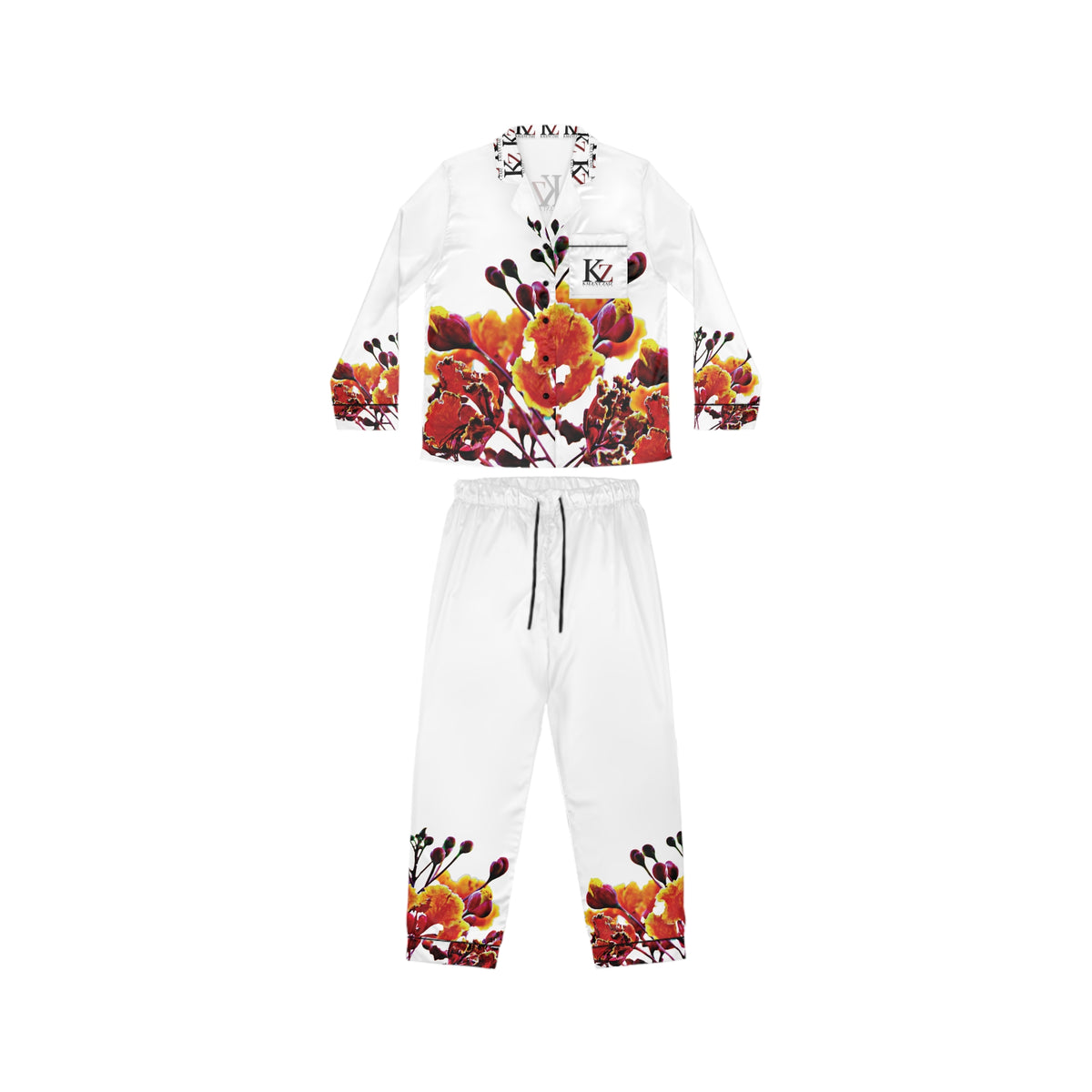 Floral Satin Pajama Set — Women's White Satin Sleepwear with Orange Blossom Print