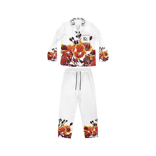 Floral Satin Pajama Set — Women's White Satin Sleepwear with Orange Blossom Print