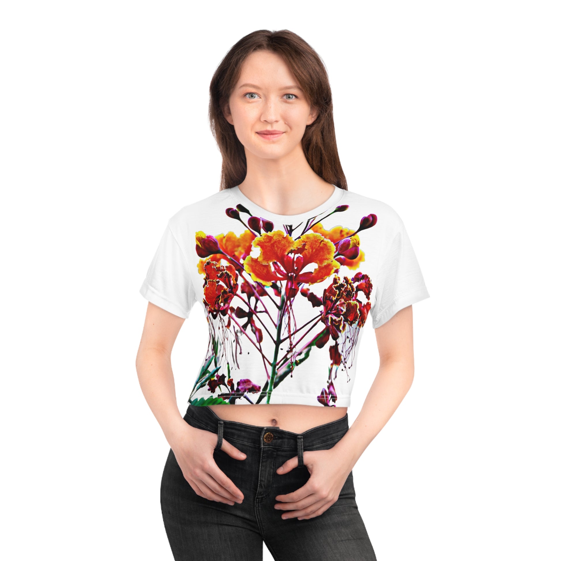 This personalized crop top has both comfort and style in spades. Add whimsical patterns, feel-good designs and create a unique AOP crop tee that’s perfect for everyday wear. Made 100% with silky soft polyester that is both lightweight and breath