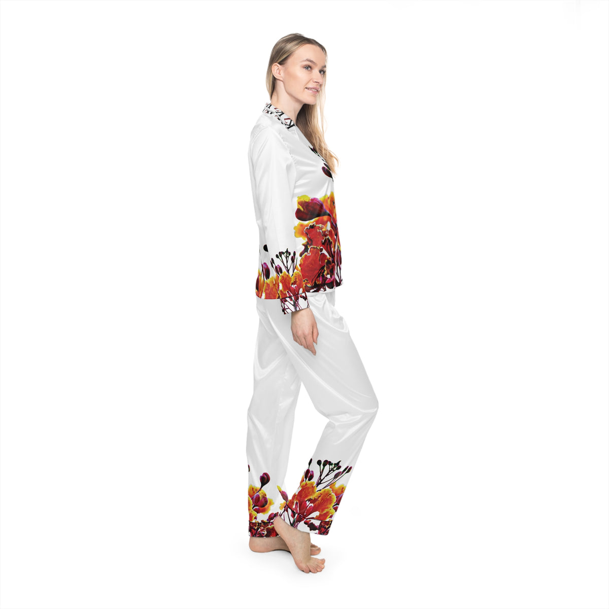 Floral Satin Pajama Set — Women's White Satin Sleepwear with Orange Blossom Print