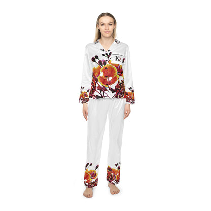 Floral Satin Pajama Set — Women's White Satin Sleepwear with Orange Blossom Print