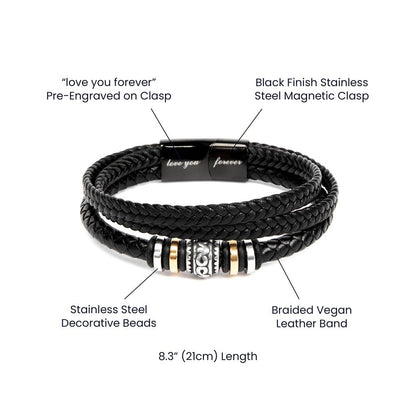 Are you looking for a gift as special as the man in your life? Then this Men's "Love You Forever" Bracelet is perfect! Engraved with a heartfelt message, this gift is great for birthdays, anniversaries, or just a thoughtful way to say "I love you". It's not just an accessory; it's a daily reminder of your love and appreciation. Whether it's your son, husband, or any deserving guy, this bracelet will have them grinning from ear to ear while rocking some serious style.