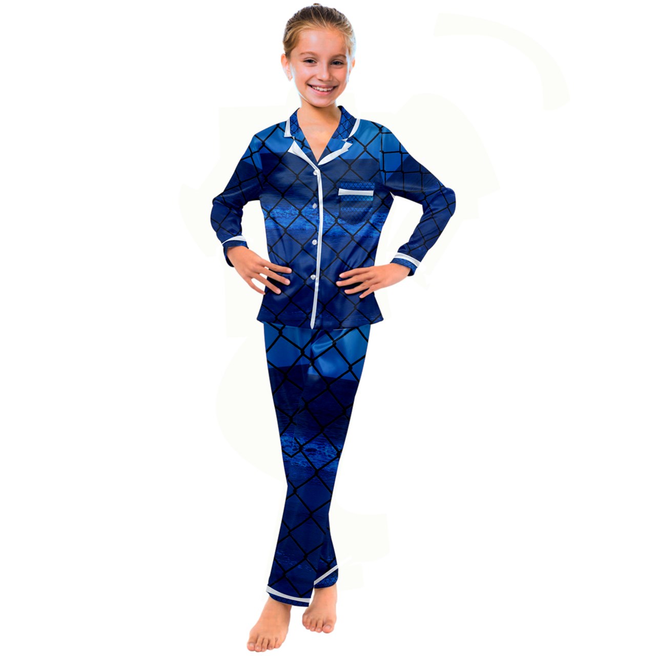 Navy Cute Kid's Satin Long Sleeve Pajamas Set