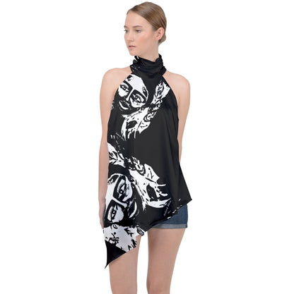 Frida Halter Asymmetric Satin Top Pair this custom Halter Asymmetric Satin Top with shorts or skirts for an elegant outfit to go out in.  Satin  Relaxed Fit Halter neck design Soft and smooth material Fully Customizable Machine wash Designs imprinted using an advance heat sublimation technique
