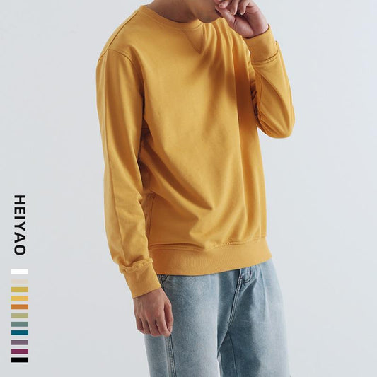 Egg yellow 320G solid round neck couple's top men's long sleeve sweater
