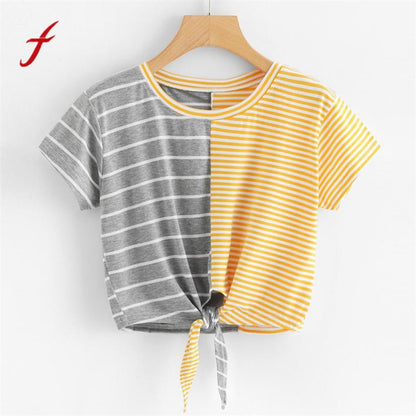 Women Hot New Fashion Stripe T shirt with Bow Knot and Short Sleeves