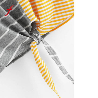 Women Hot New Fashion Stripe T shirt with Bow Knot and Short Sleeves