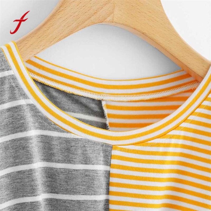 Women Hot New Fashion Stripe T shirt with Bow Knot and Short Sleeves