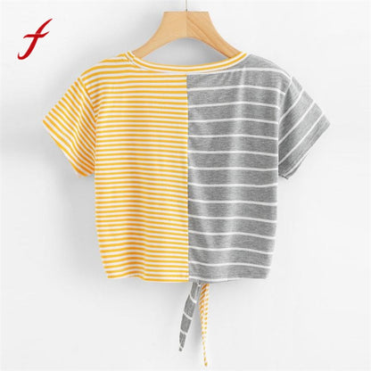 Women Hot New Fashion Stripe T shirt with Bow Knot and Short Sleeves