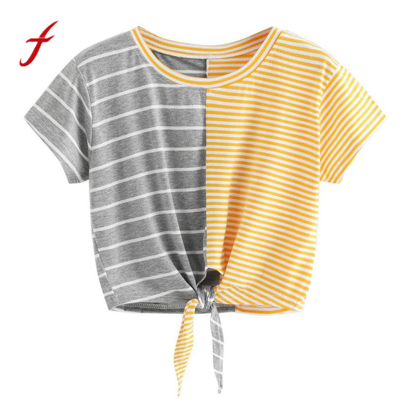 Women Hot New Fashion Stripe T shirt with Bow Knot and Short Sleeves