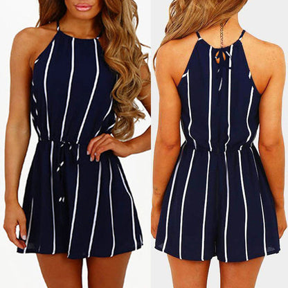 Women casual Off Shoulder Striped sexy jumpsuit in Sleeveless