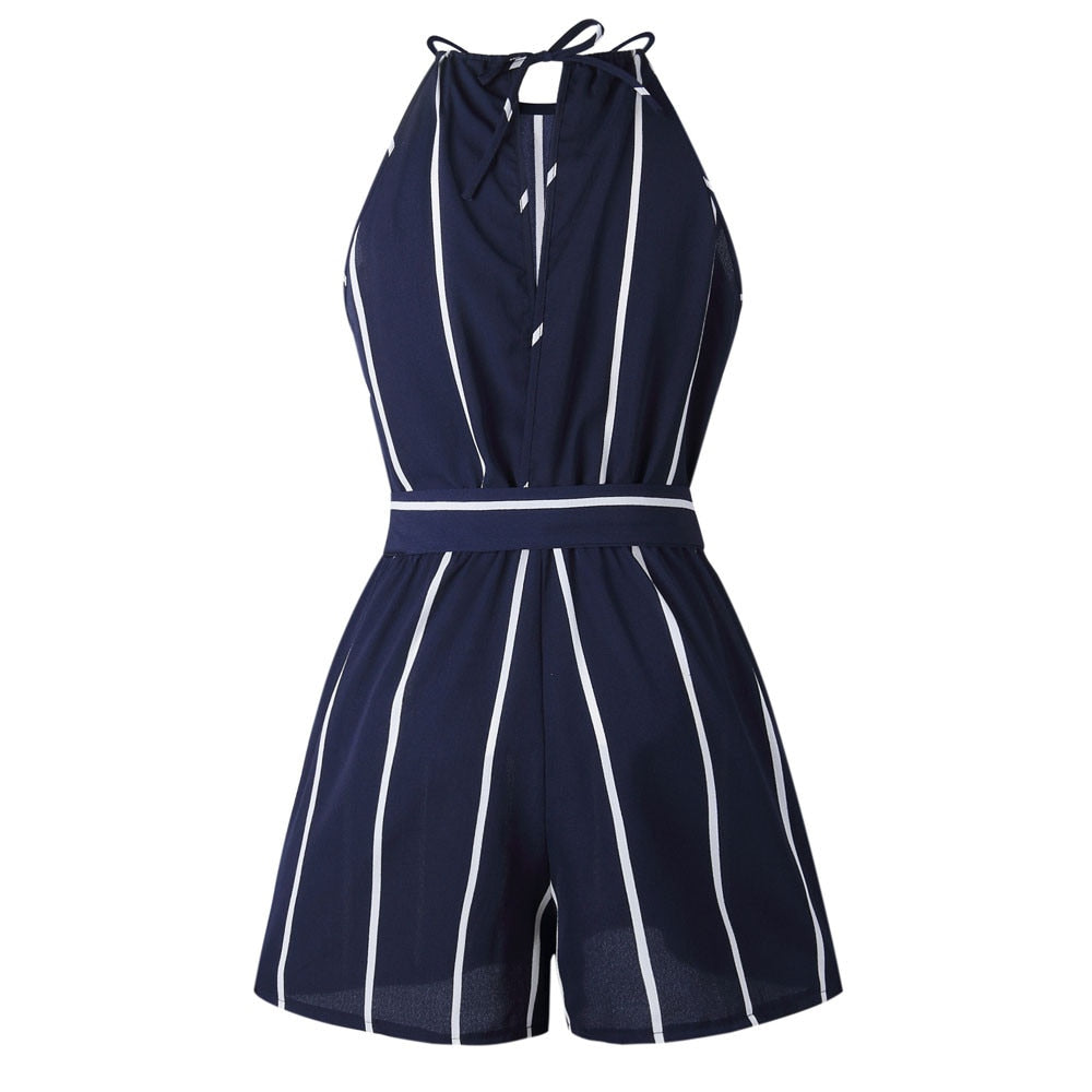 Women casual Off Shoulder Striped sexy jumpsuit in Sleeveless