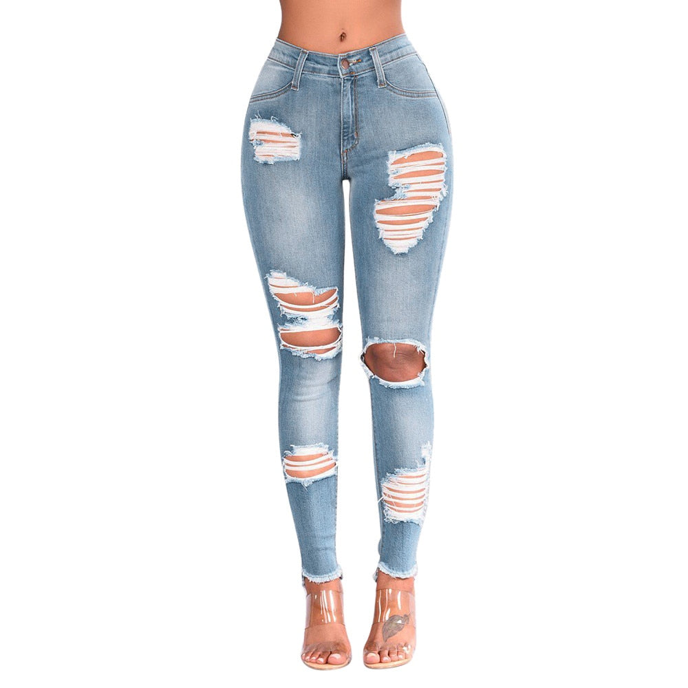 Women Denim Skinny Trousers High Waist Jeans Destroyed Knee Holes Pencil Pants Trousers Stretch Ripped Boyfriend Female #YL10
