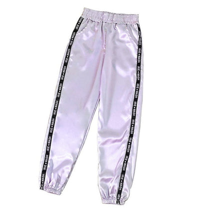 LITTHING 2019 Women Summer Pocket Satin Highlight Harem Pants Women Glossy Ribbon Trousers Harajuku Joggers Women's Loose Pants