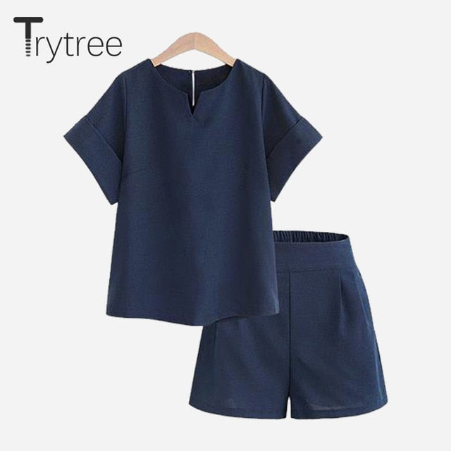 Trytree summer Autumn Women two piece set Casual Polyester tops + short Soild Female Office plus size Suit Set Short Sleeve Sets