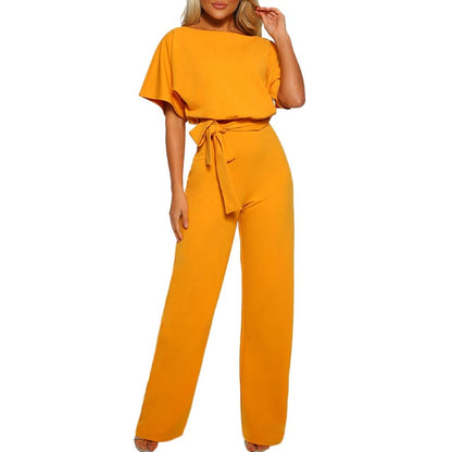 GOOHOJIO Rompers Women Jumpsuit Short Sleeve Playsuit Clubwear Straight Leg Jumpsuit Women's With Belt Bodysuit Rompers