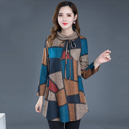 Tunic Women Long sleeve Plus size Tops Vintage Blouse Turtleneck Plaid Autumn Winter Warm Shirt Clothes Ladies Casual