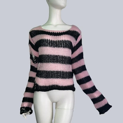 Plus Size Punk Gothic Long Unisex Sweater Dress Cool Hollow Out Hole Broken Jumper Loose Rock Thin Sweter 2020 Women Man Striped