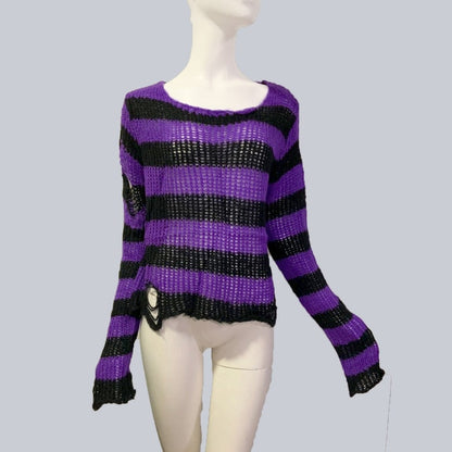 Plus Size Punk Gothic Long Unisex Sweater Dress Cool Hollow Out Hole Broken Jumper Loose Rock Thin Sweter 2020 Women Man Striped
