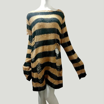 Plus Size Punk Gothic Long Unisex Sweater Dress Cool Hollow Out Hole Broken Jumper Loose Rock Thin Sweter 2020 Women Man Striped
