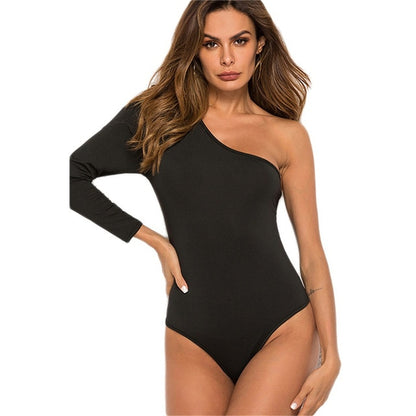 Bodysuit Female Sexy One Shoulder Long Sleeve Slim Bodycon