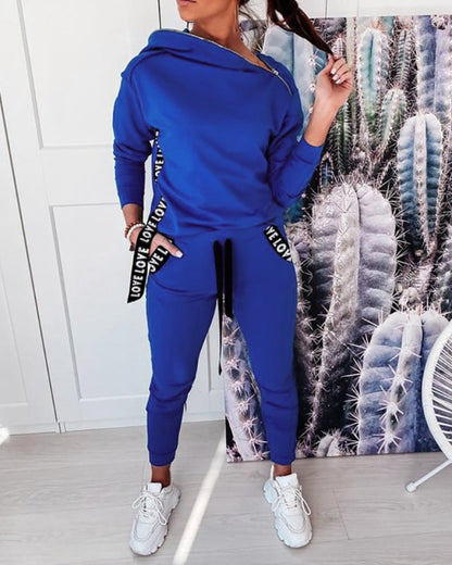 2 Piece Outfit for Women Zipper Pockets Decor Irregular Collar Long Sleeve Solid Top+Drawstring Waist Slim Casual Loose Trousers