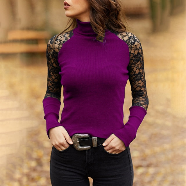 Women Knitted Turtleneck Casual Sweater Soft O-neck Jumper Fashion Slim Lace Hollow Out Long Sleeves Clothes
