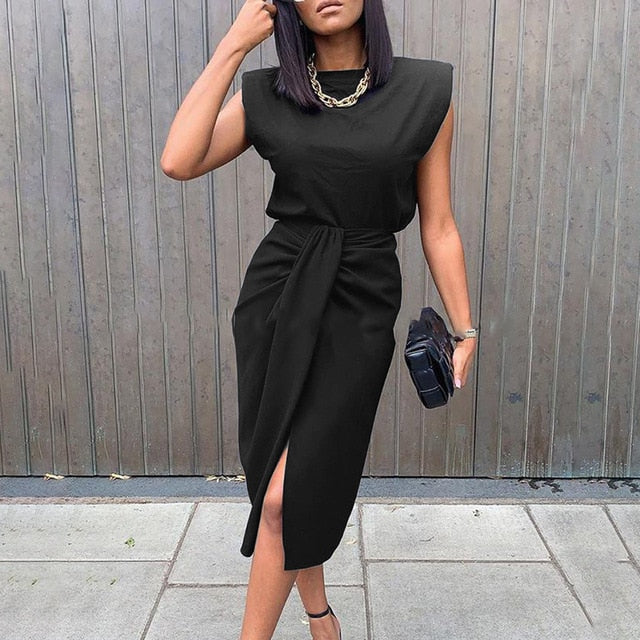 Two Piece Set Women High Waist Elegant Black Front Slit Office Clothes Outfits For Women Matching Sets 2021 Fashion Tank Suit