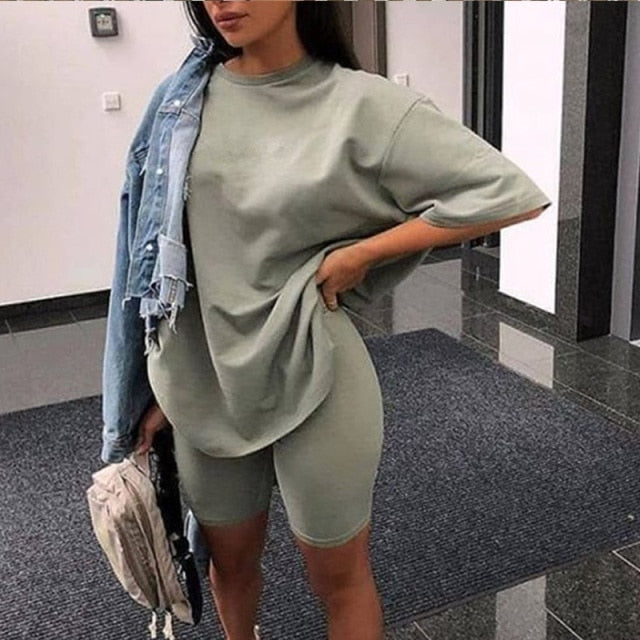 Casual Solid Outfits Women's Two Piece Suit with Belt Home Loose Sports Tracksuits Fashion Bicycle Summer Hot Suit 2021
