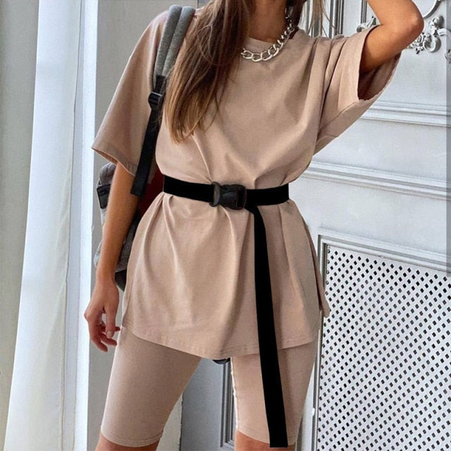 Casual Solid Outfits Women's Two Piece Suit with Belt Home Loose Sports Tracksuits Fashion Bicycle Summer Hot Suit 2021