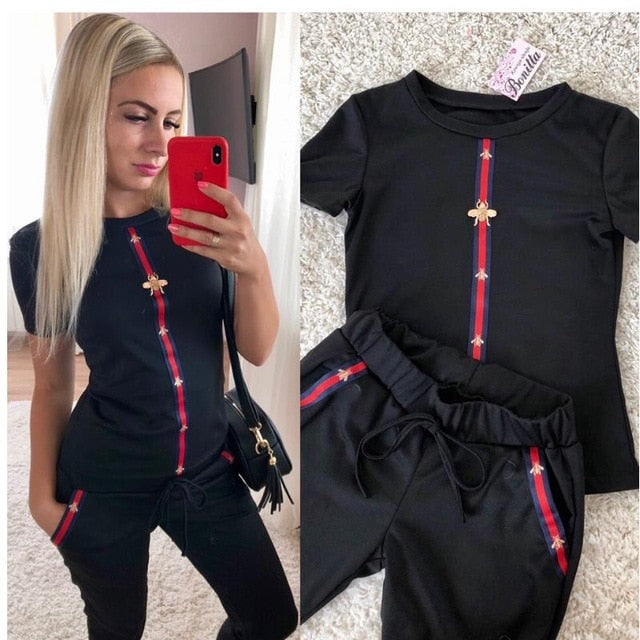 New women short sleeve two piece set outfits suits print shirts tops+pants casual tracksuit sportwear Workout Matching Sets