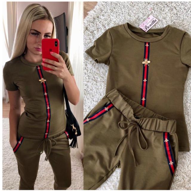 New women short sleeve two piece set outfits suits print shirts tops+pants casual tracksuit sportwear Workout Matching Sets
