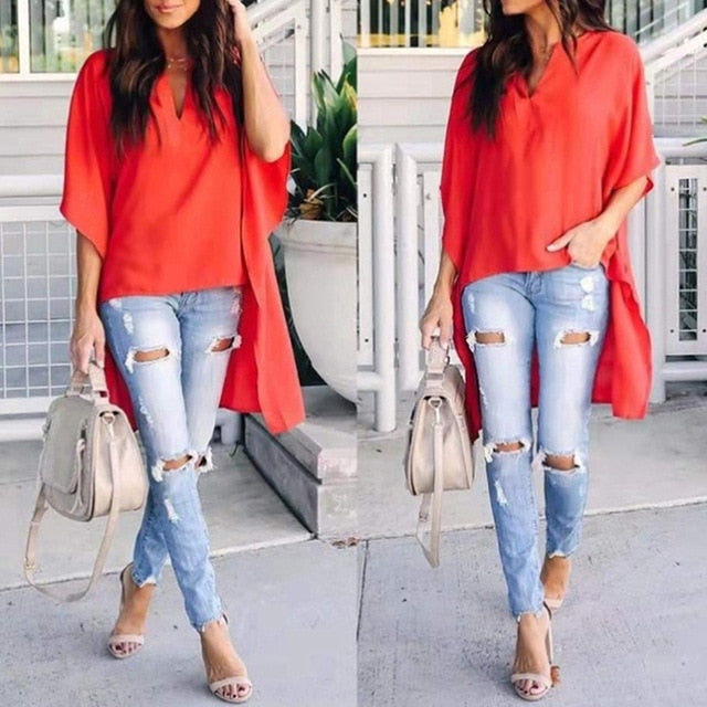 Office Ladies Shirts Women Solid Blouse Casual V Neck Party Blouse Plus Size Blusas 2021 Summer Bohemian Tunic S-2XL