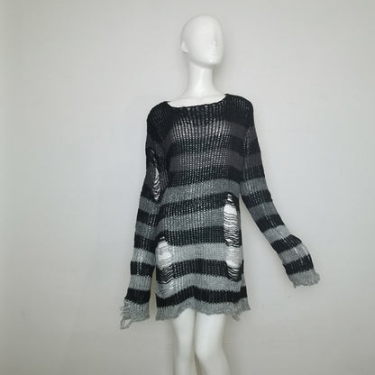 Plus Size Punk Gothic Long Unisex Sweater Dress Cool Hollow Out Hole Broken Jumper Loose Rock Thin Sweter 2020 Women Man Striped